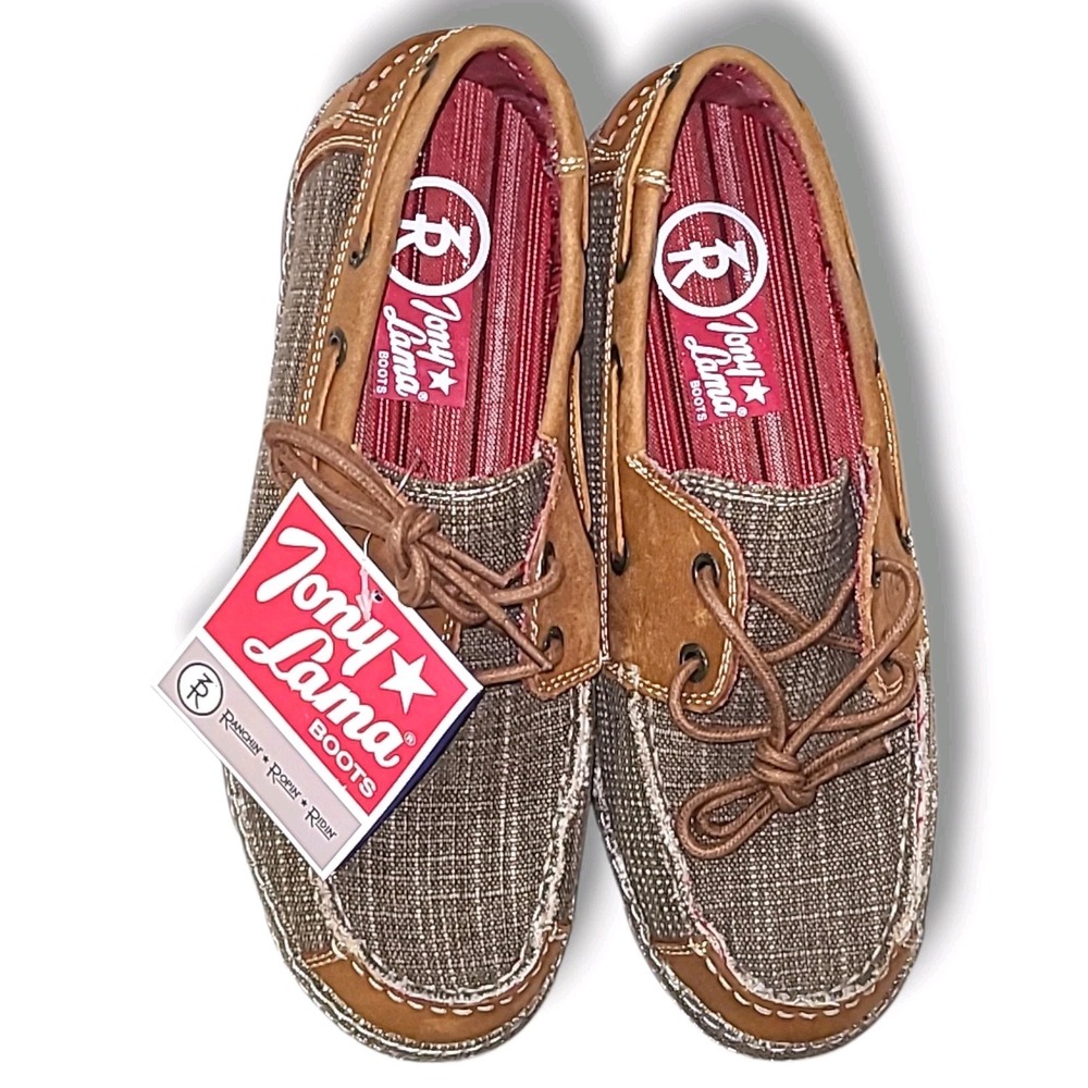 Tony Lama 3R Blum Boat Shoes Women's Sz 9.5 Brown Tan Canvas Leather RR3028L NWT